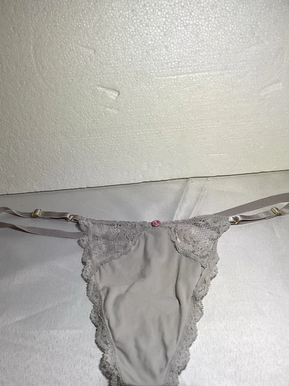 Victoria's Secret Lace-Trim Thong Panty - Light Gray with Pink Accent